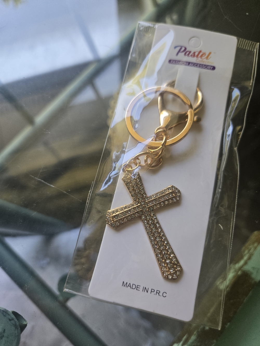 Gold Rhinestone Cross Keychain - Pastel - Picture 2 of 3